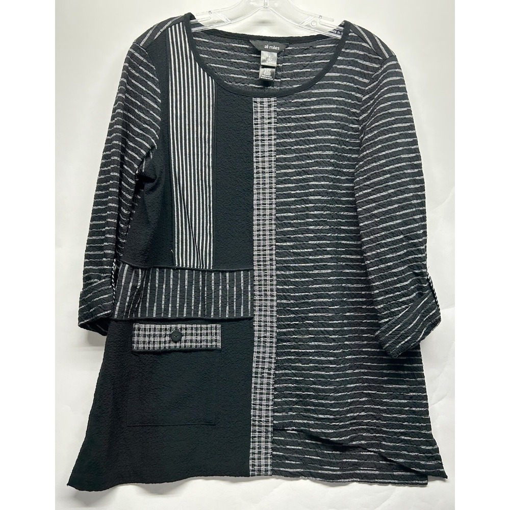 Ali Miles Womens Size S Black 3/4 Sleeve Patchwork Blouse Top (J6)